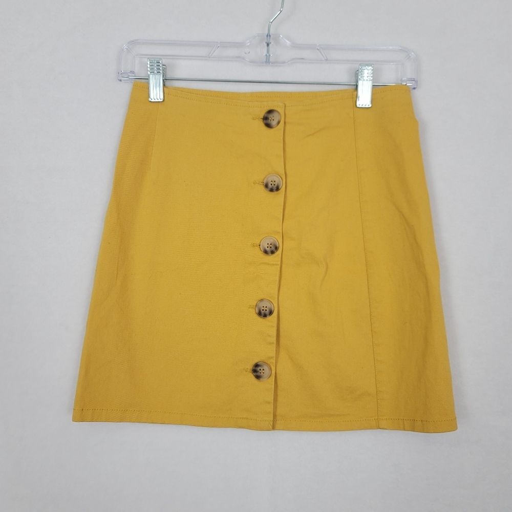 Small Mustard Yellow Mini Button Front Skirt 98% Cotton Artsy